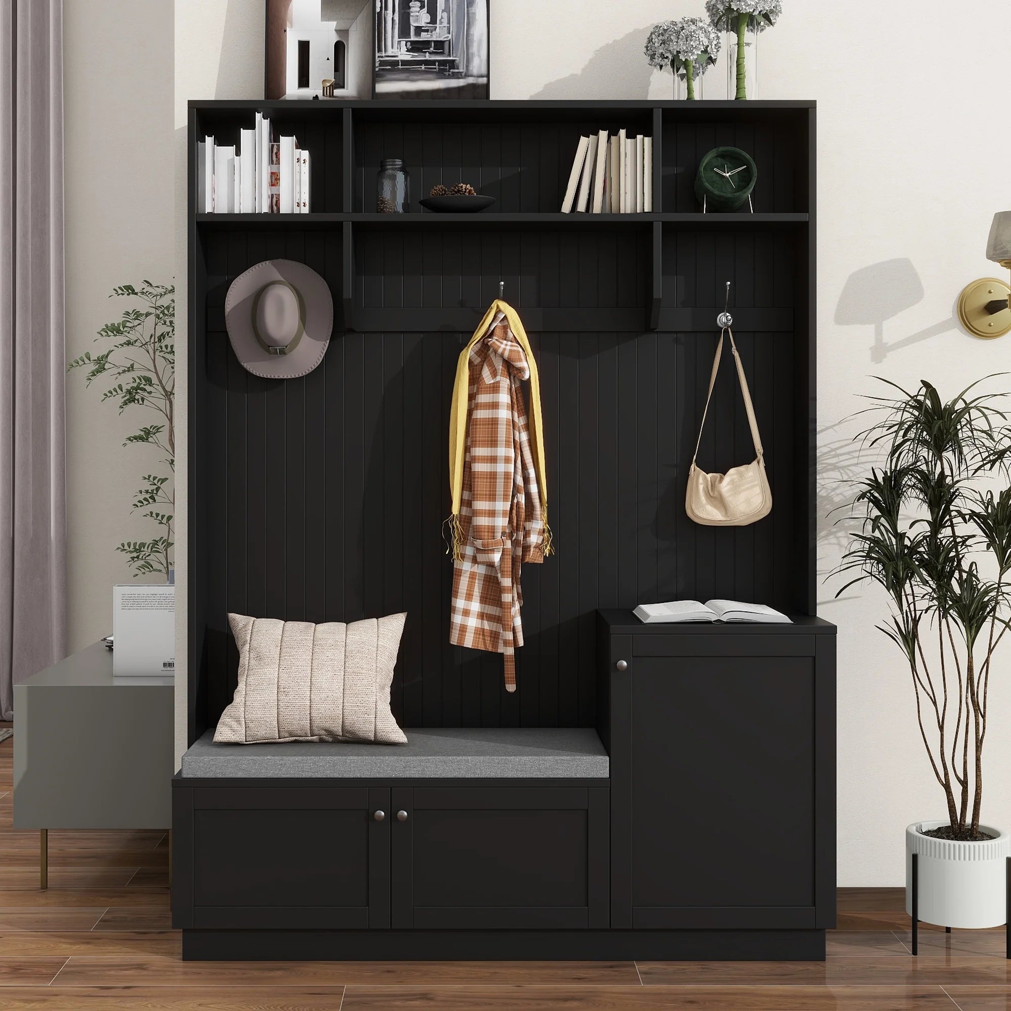 Churanty 4-in-1 Hall Tree with Bench, Shoe Storage and Coat Rack, Black N313634