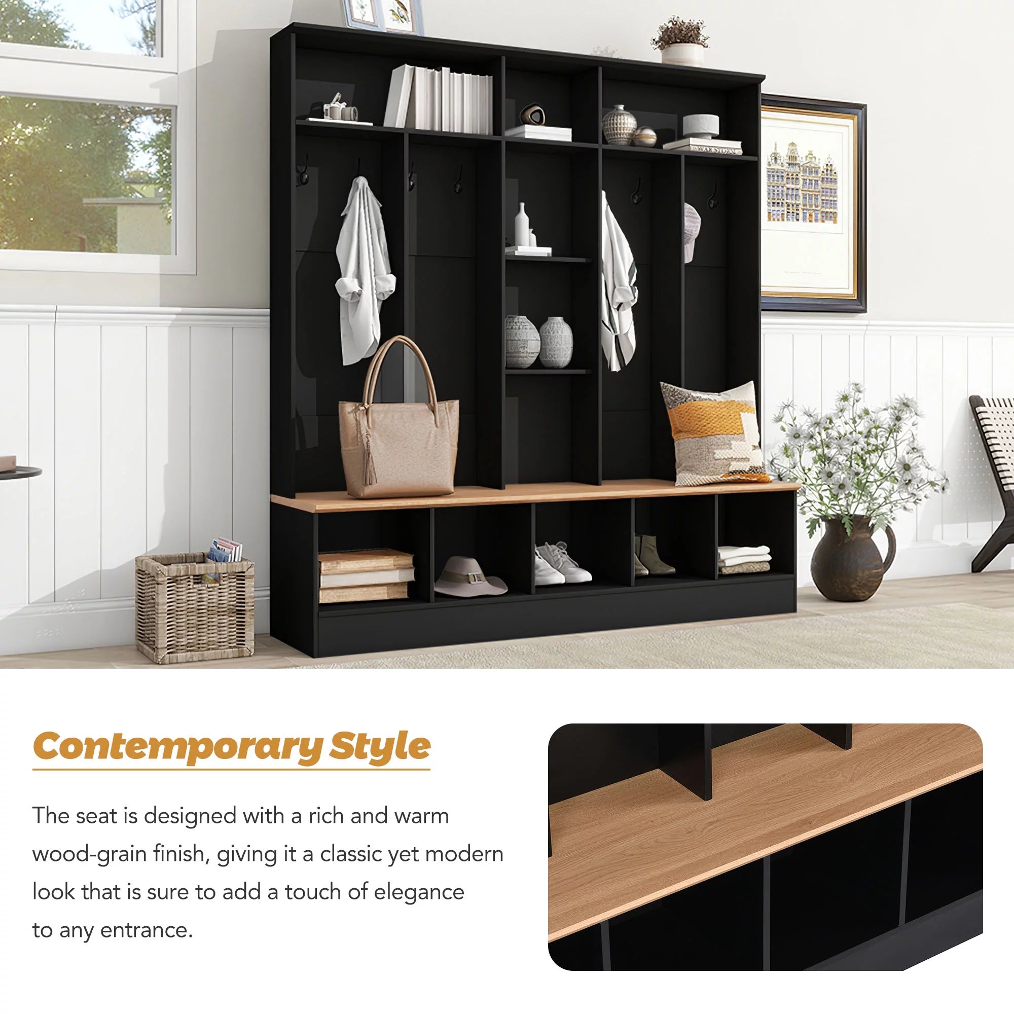 CoSoTower Wide Hall Tree with Storage Bench and 8 Hooks, Black D645414