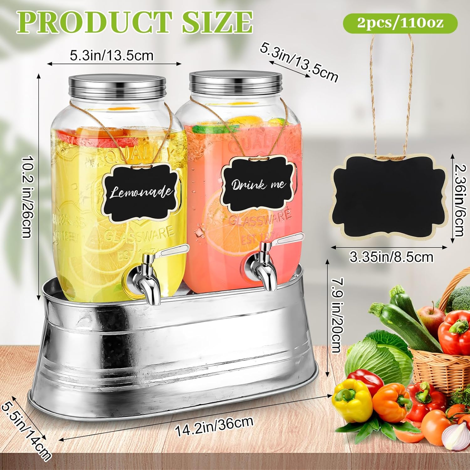 2 Pack 1 Gallon Glass Beverage Dispensers with Stand for Parties C180858