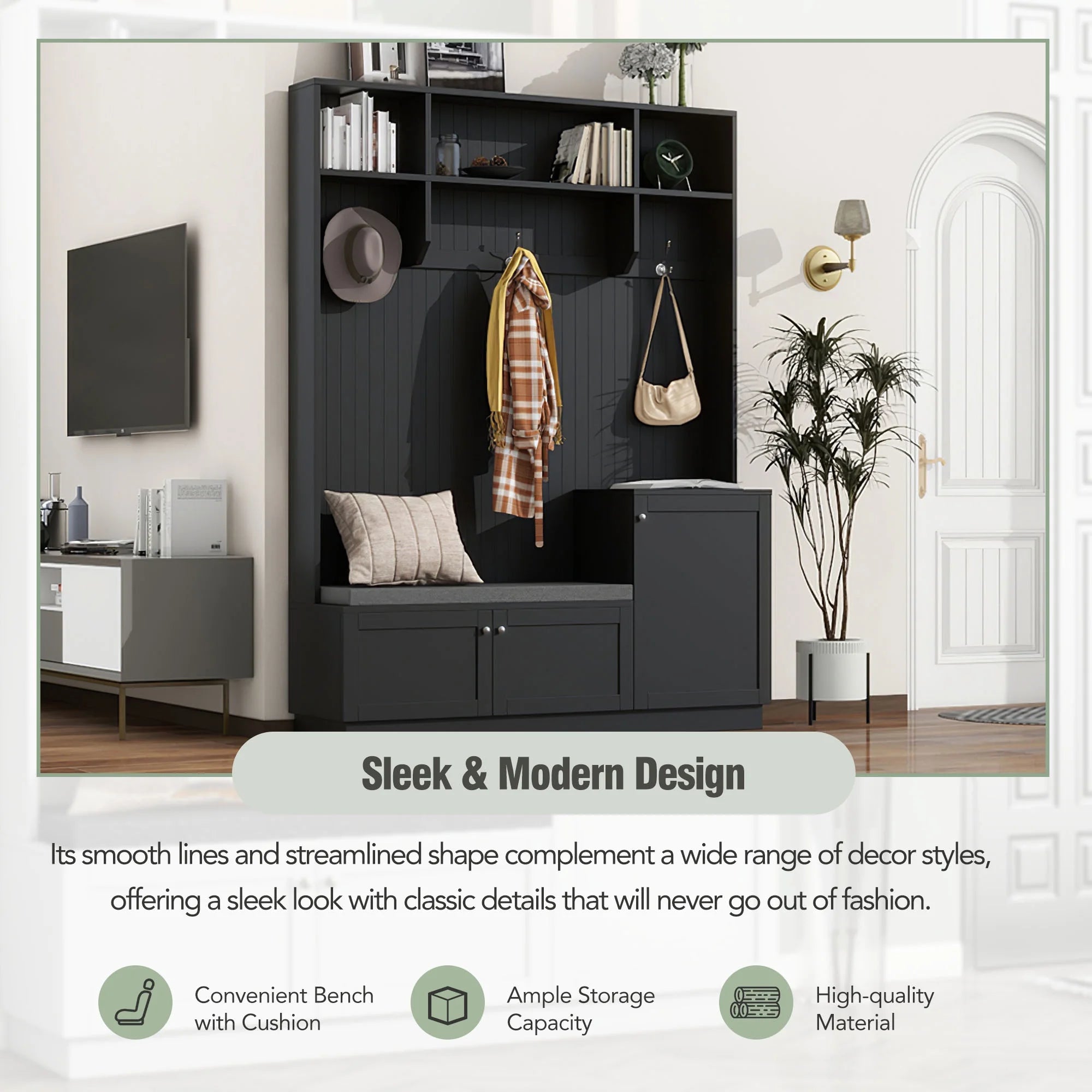 Churanty 4-in-1 Hall Tree with Bench, Shoe Storage and Coat Rack, Black N313634