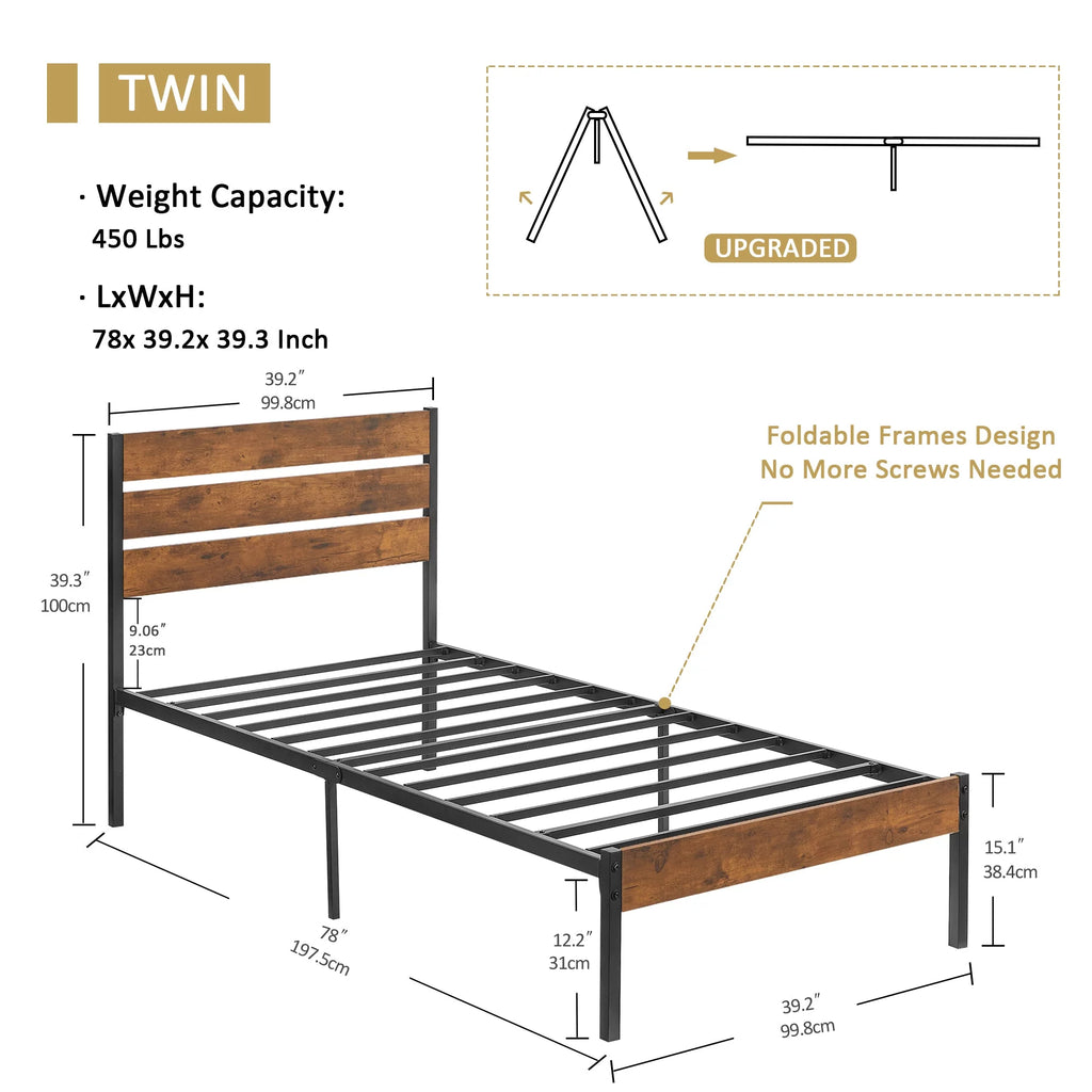 VECELO Twin Bed Frame with Wooden Headboard, Metal Slats, Brown L2211