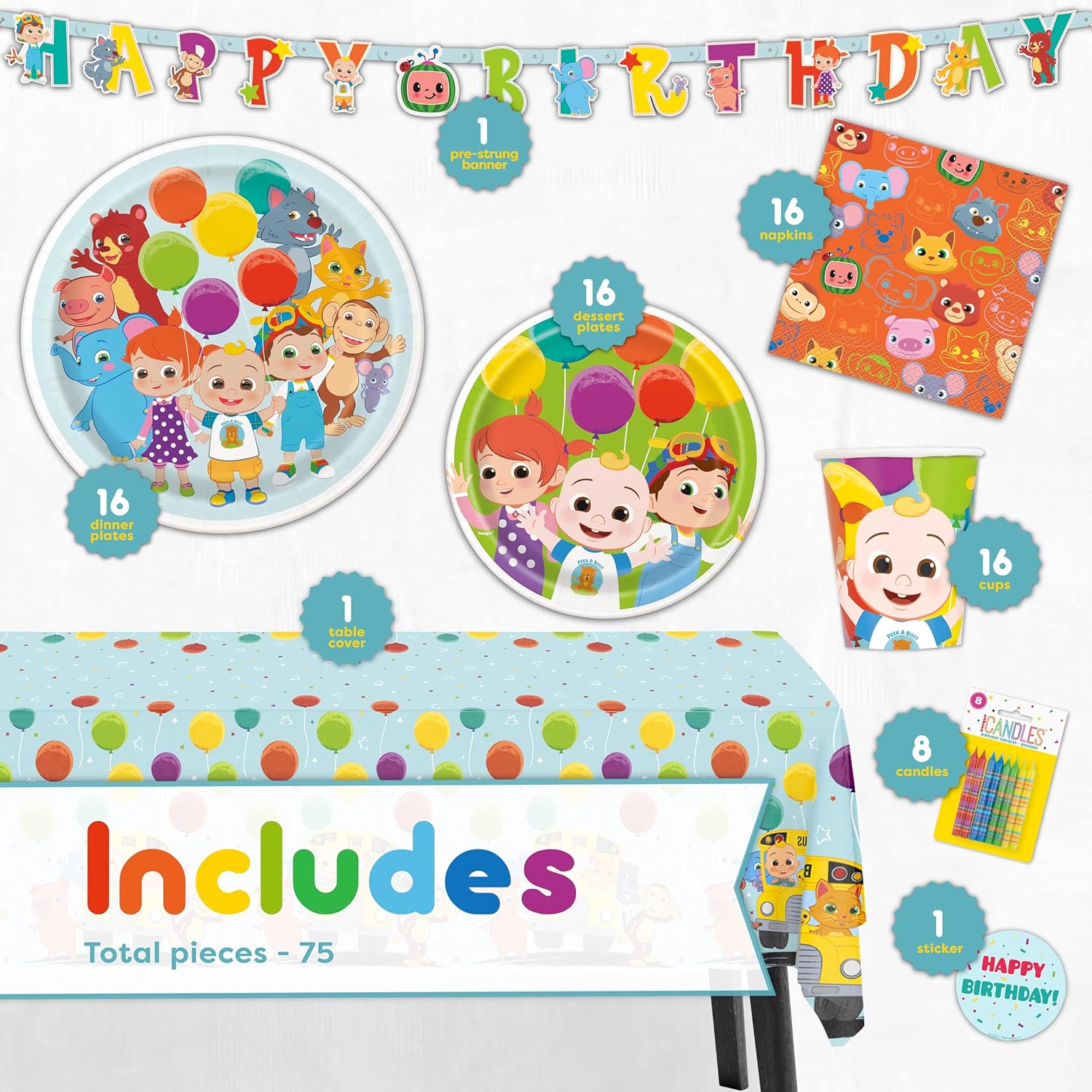 Cocomelon Party Supplies Set for 16 Guests with Banner, Table Cover, Plates, Napkins, Cups and Sticker Z3622