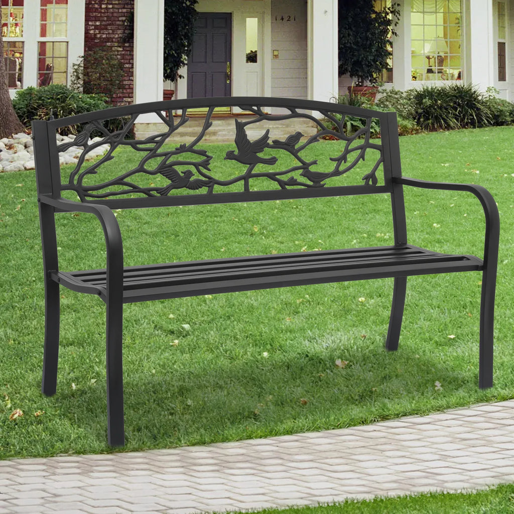 Magshion 50" Outdoor Cast Iron Patio Bench with Bird Design Backrest S46453