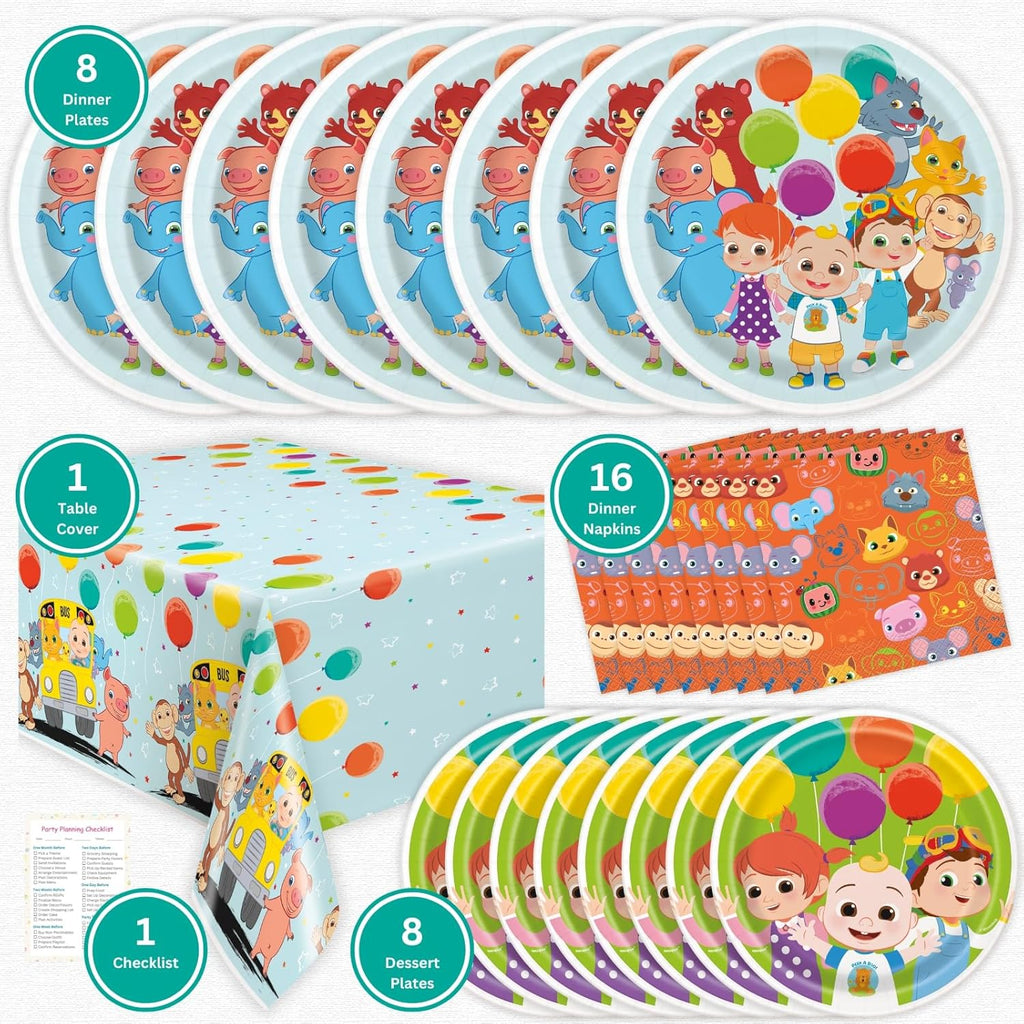 Cocomelon Birthday Party Supplies for 8 Guests - Plates, Napkins, Tablecloth K268