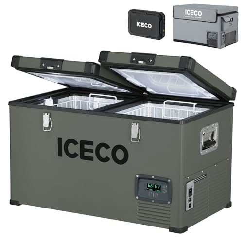 ICECO VL60 12V Car Refrigerator, 63Qt Dual Zone Portable Freezer Powered by SECOP, 0°-50°F, 12/24V DC & 110-240V AC, Compressor Electric Cooler Compact Freezer for Outdoor&Home Use, with slide
