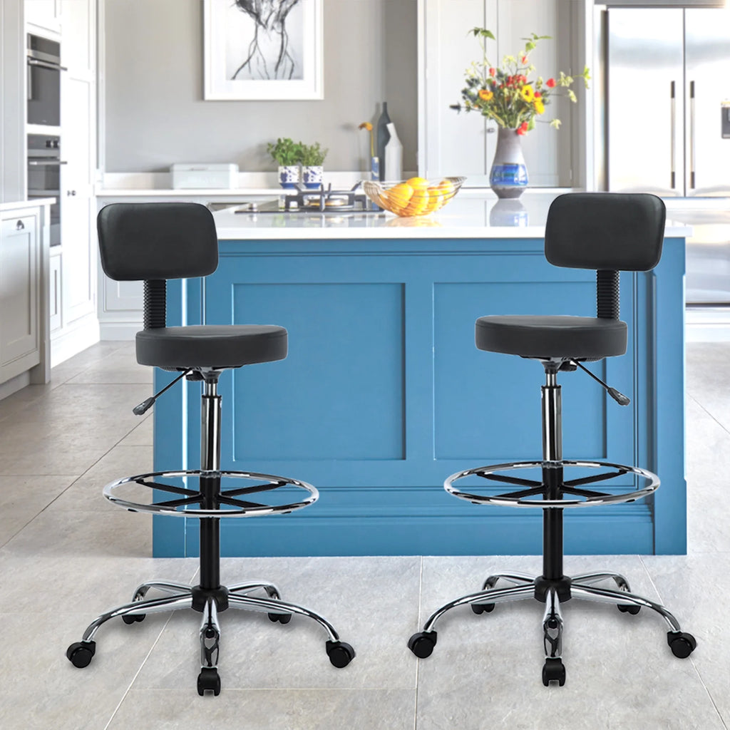 Height Adjustable Drafting Stool with Footrest, Faux Leather, Rolling Wheels by Naomi Home T38183