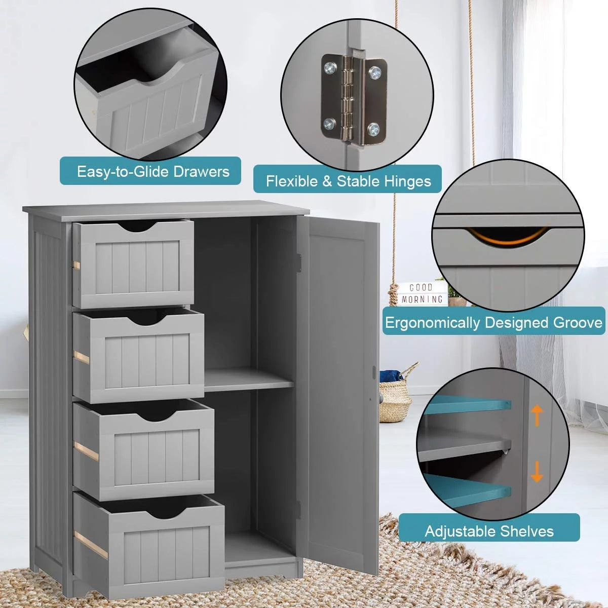Freestanding Bathroom Storage Cabinet with 4 Drawers and Cupboard, Gray E602183