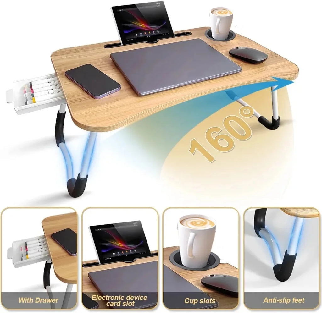 LEUCHTA Foldable Lap Desk, 23.6 Inch Portable Wood Laptop Table with Cup Holder and Drawer, Walnut K433269