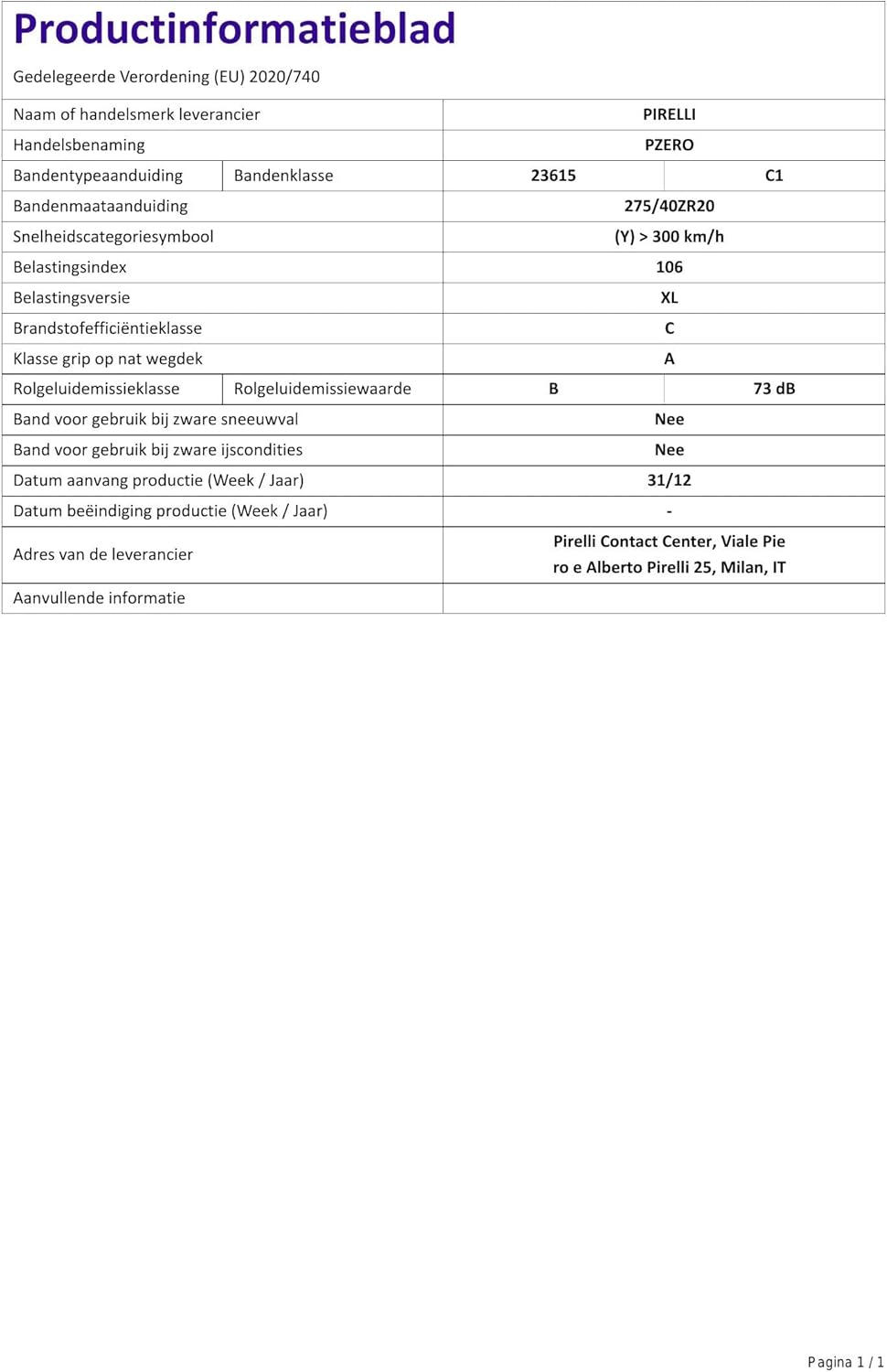Pirelli P ZERO Radial Tire 275/40R20 106Y V598