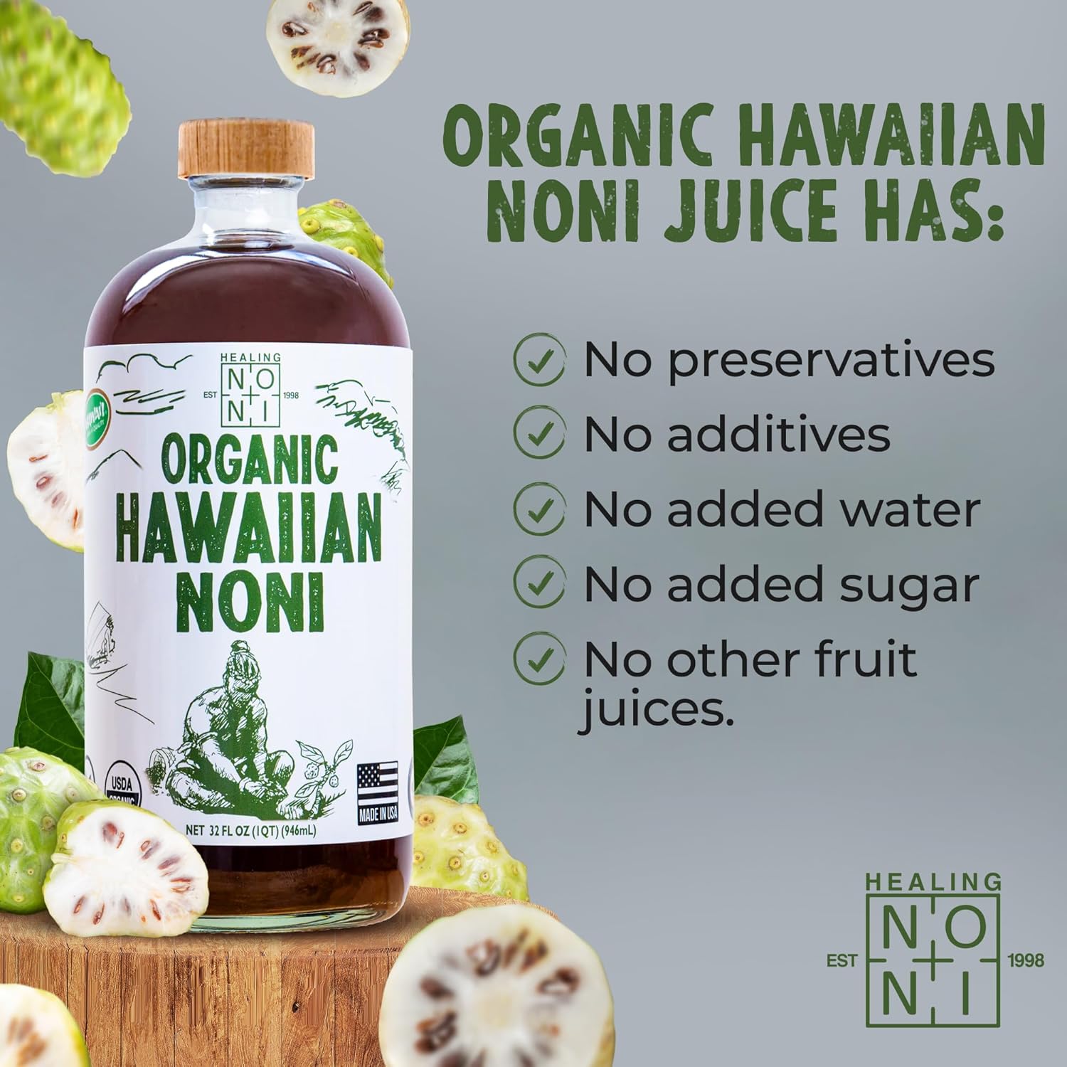 Healing Noni Organic Hawaiian Noni Juice, 32oz Glass Bottle R37830