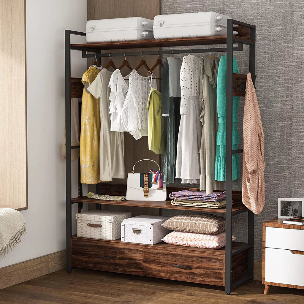 Tribesigns Heavy Duty Clothes Rack with Shelves and 2 Drawers, Rustic Brown V99073