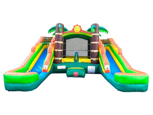 Pogo Bounce House Crossover Tropical Inflatable Bounce with Double Inflatable Water Slides for Kids, 16.5 x 15 x 11 Foot, Bouncy House, Commercial Outdoor Party Bouncer with Blower, Stakes, Bag