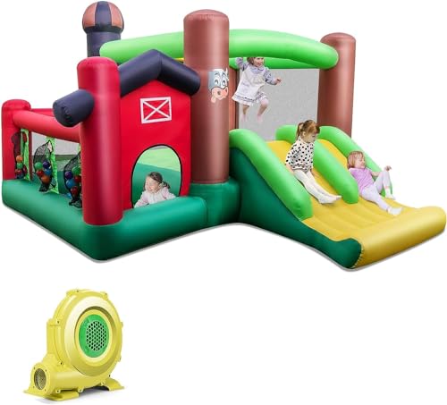 BOUNTECH Inflatable Bounce House, Farm Themed Bouncy House with Dual Slides for Racing Fun, Toddler Kids Jump Castle Bounce House with Ball Pit & Blower Indoor Outdoor Backyard Party Gifts