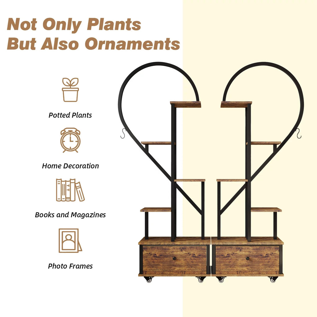 Walsport 6 Tier Heart-Shape Plant Stand with Drawer and Rollers, Metal and Wood, 2 Pack A756333