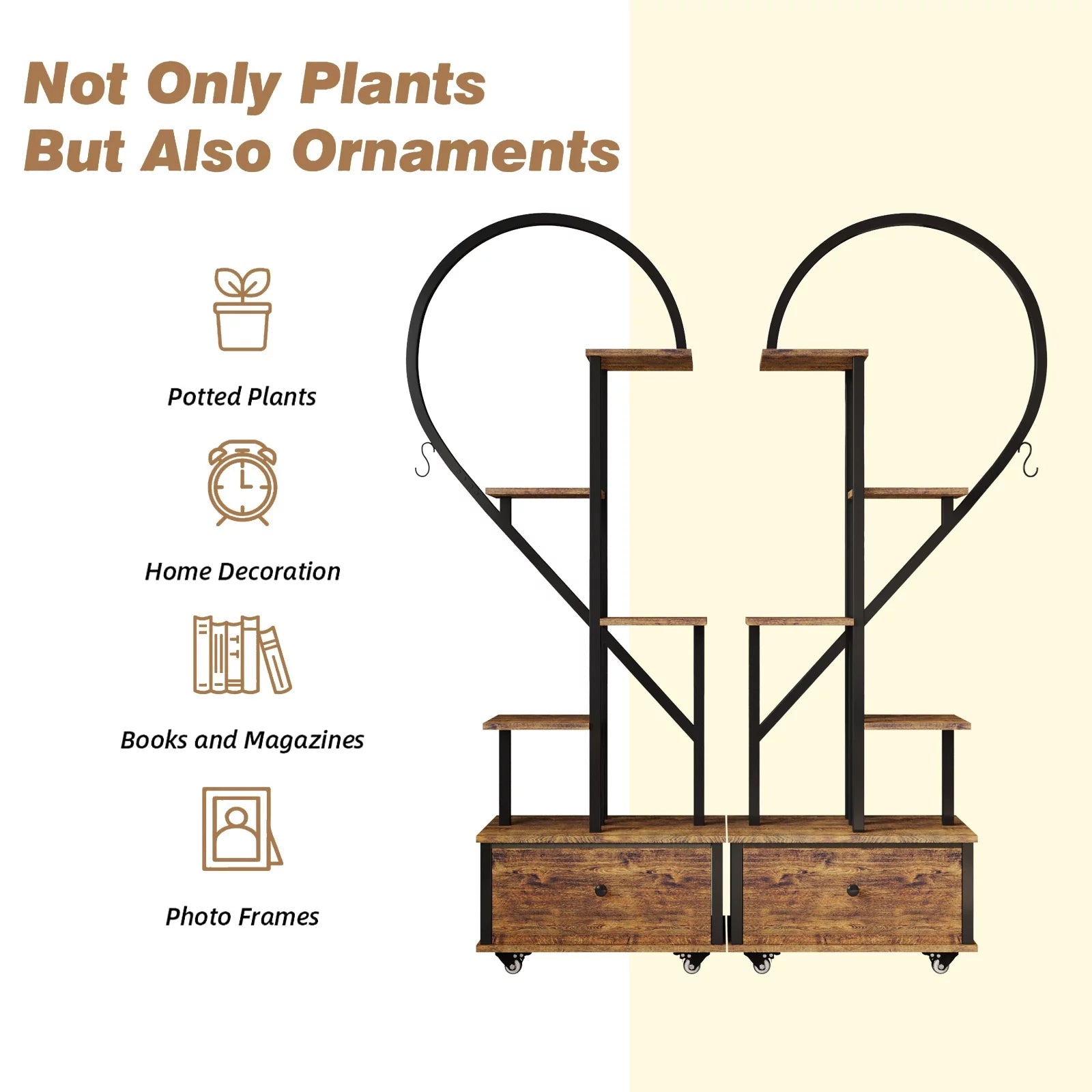 Walsport 6 Tier Heart-Shape Plant Stand with Drawer and Rollers, Metal and Wood, 2 Pack A756333