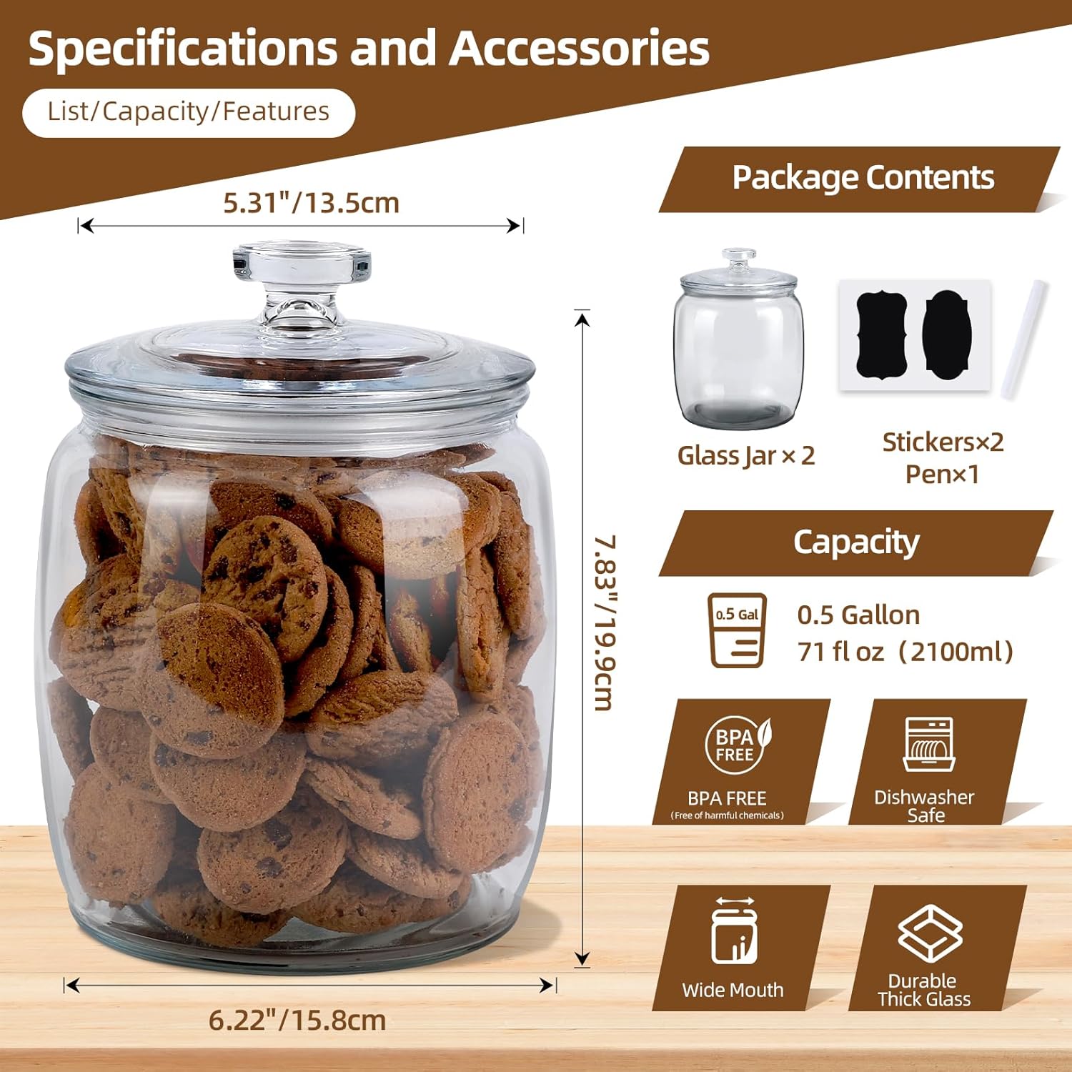 2 Pack Glass Jar with Lid, 71 oz Wide Mouth Cookie Jar for Kitchen Storage G928