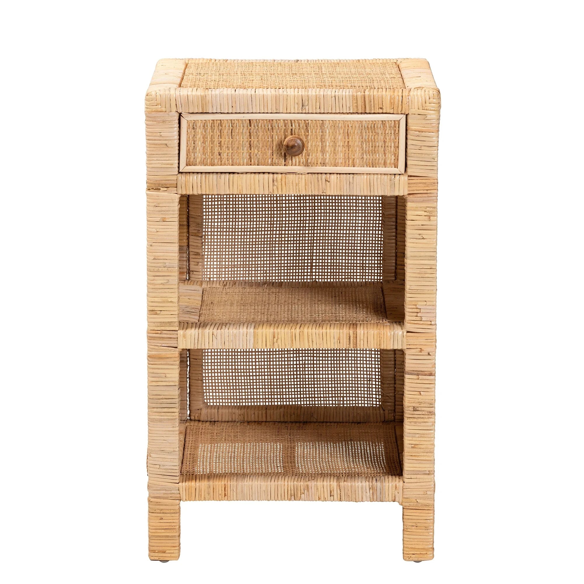 Bella Modern Bohemian Natural Brown Mahogany Wood Rattan 1-Drawer Nightstand F9210