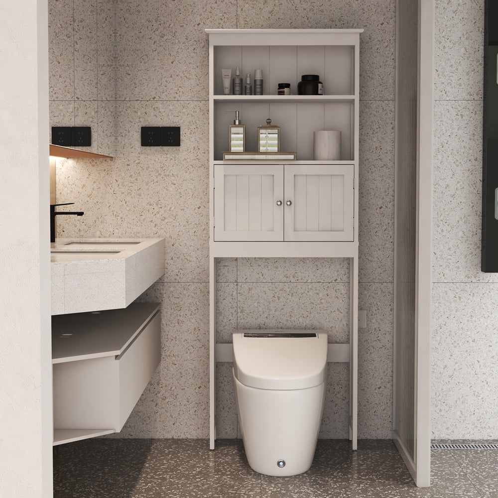 Over The Toilet Storage Cabinet Bathroom Spacesaver Storage Organizer with 2 Doors, for Bathroom Freestanding Shelf-White