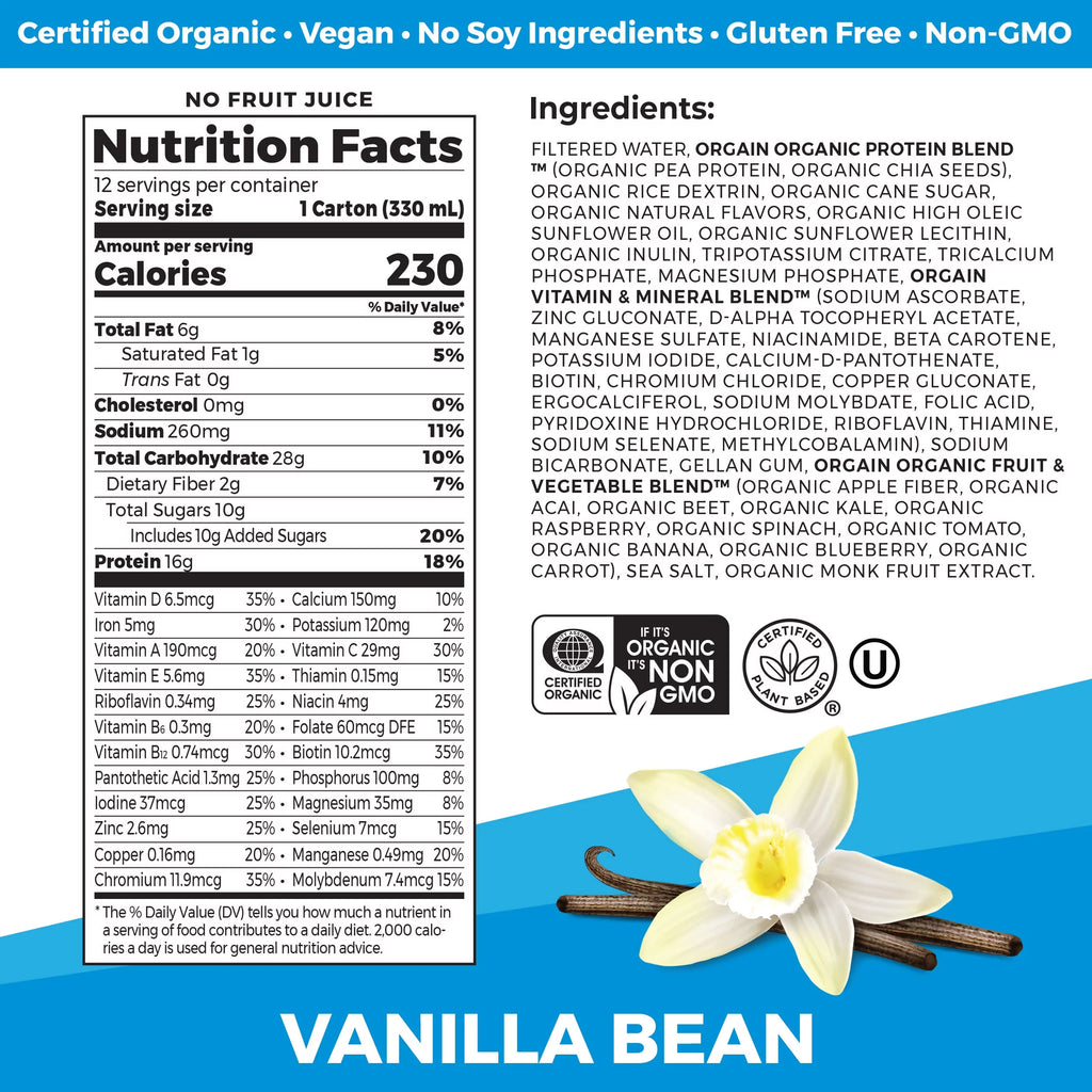 Orgain Organic Vegan Protein Shake, Vanilla Bean, 11oz, 12ct M15442