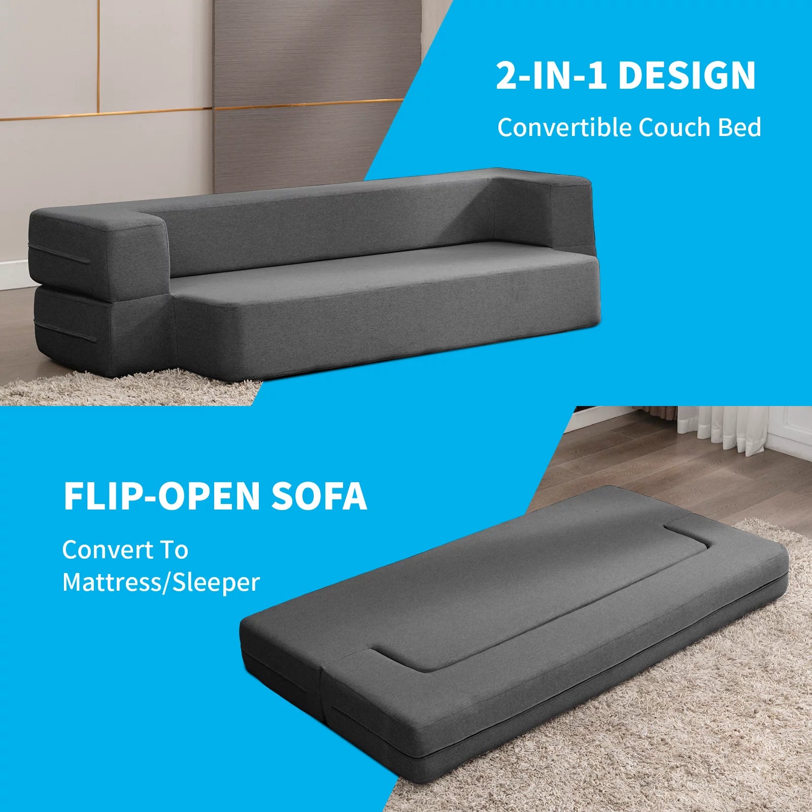 Mjkone Folding Queen Size Sleeper Sofa Bed with Memory Foam, Dark Gray N850
