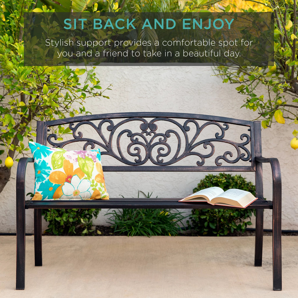 Outdoor Steel Bench Garden Patio Furniture with Floral Design Backrest, Brown Y97572