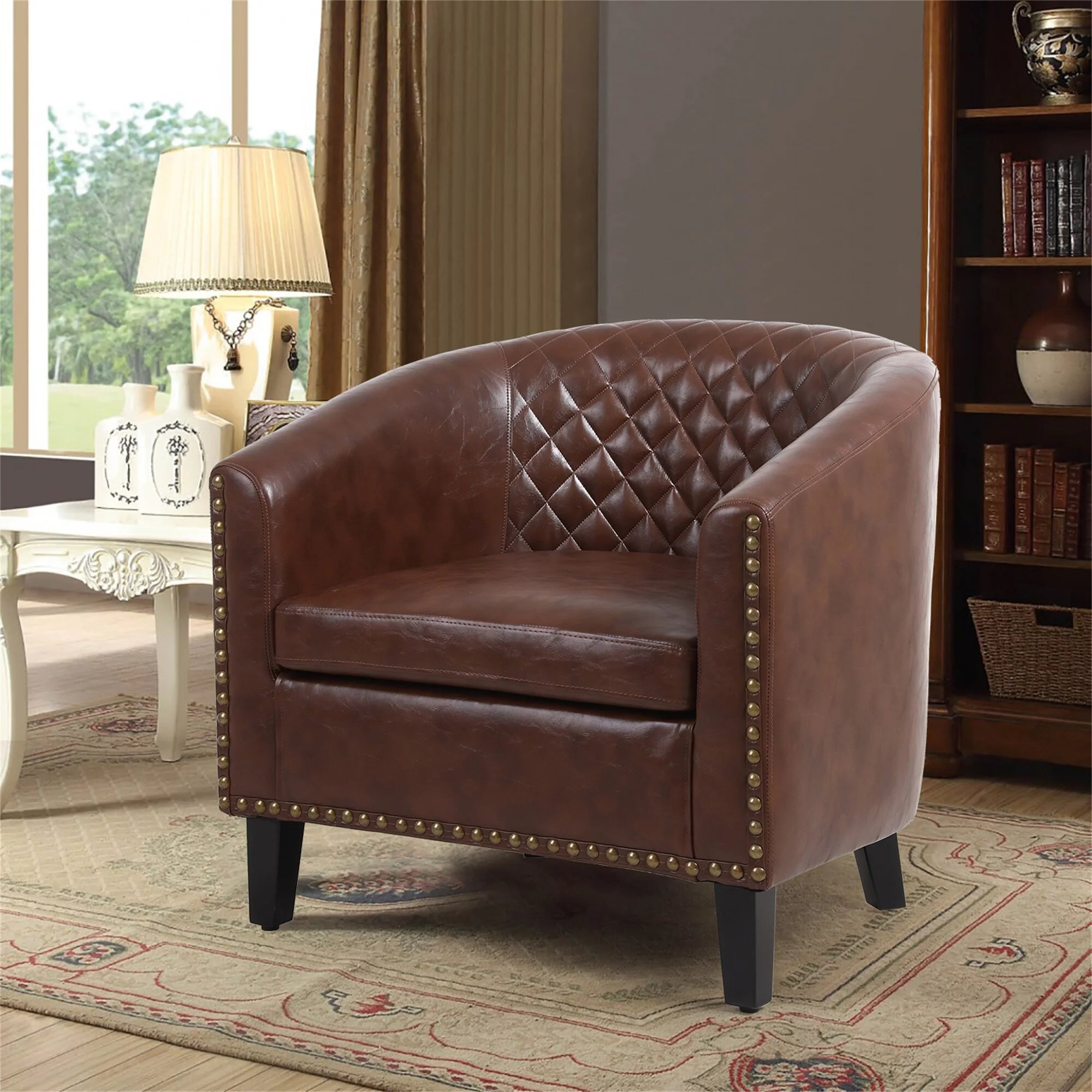 Clihome PU Leather Barrel Chair with Nailheads Black O953