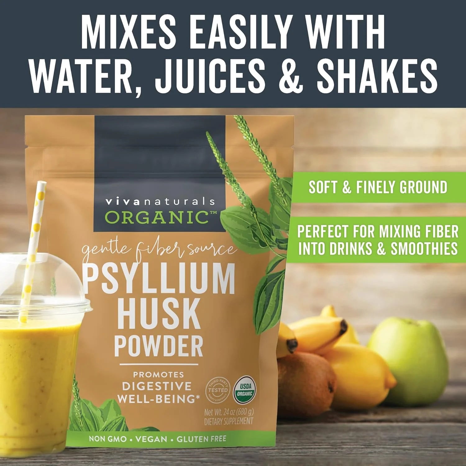Viva Naturals Organic Psyllium Husk Powder, Finely Ground Non-GMO Fiber Supplement P6901