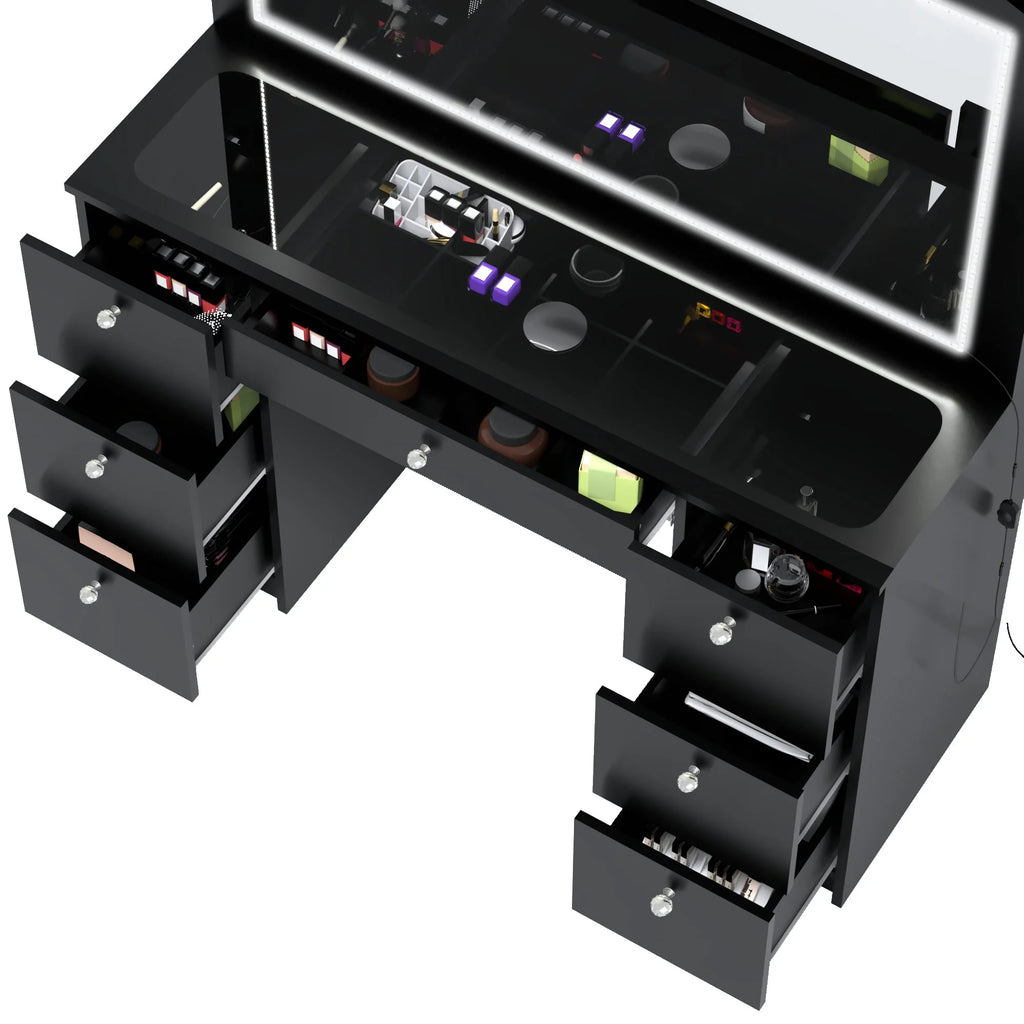 Boahaus Seraphine Modern Black Vanity Desk with LED Lights and Mirror I41173