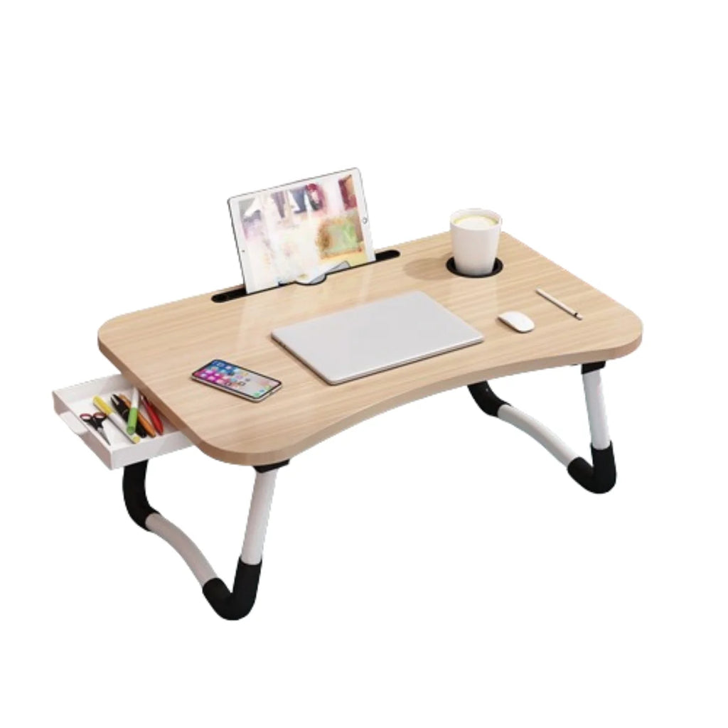 LEUCHTA Foldable Lap Desk, 23.6 Inch Portable Wood Laptop Desk Table Workspace Organizer Bed Tray with iPad Slots, Cup Holder and Drawer, Anit-Slip for Working Reading Writing, Eating, Watching-Walnut