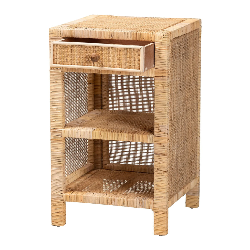 Bella Modern Bohemian Natural Brown Mahogany Wood Rattan 1-Drawer Nightstand F9210