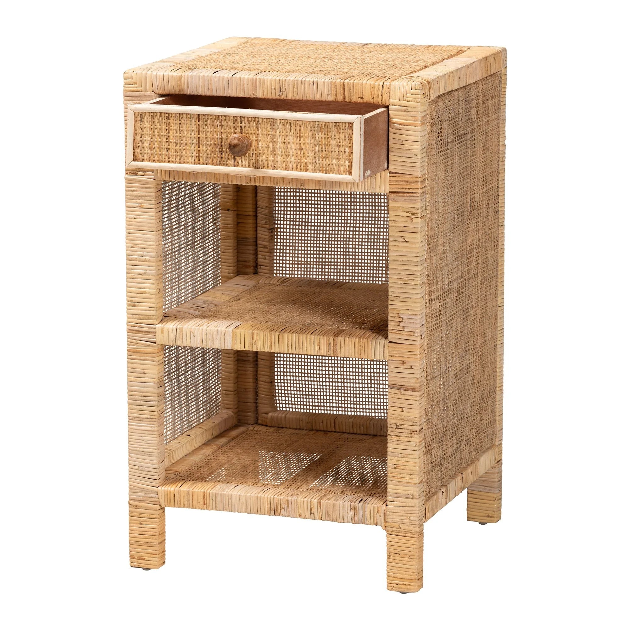 Bella Modern Bohemian Natural Brown Mahogany Wood Rattan 1-Drawer Nightstand F9210