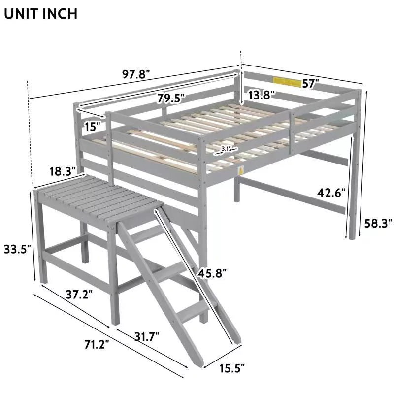 Bellemave Full Wood Loft Bed with Safety Rail and Ladder, Gray F137