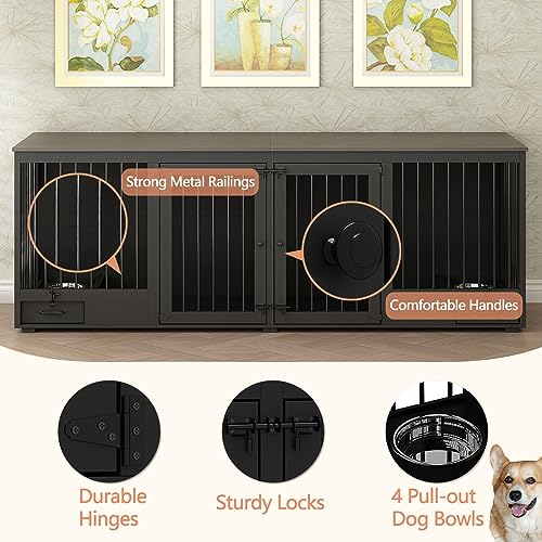 Large Wooden Dog Crate for 2 Dogs with Bowl Drawers, Black Z4354