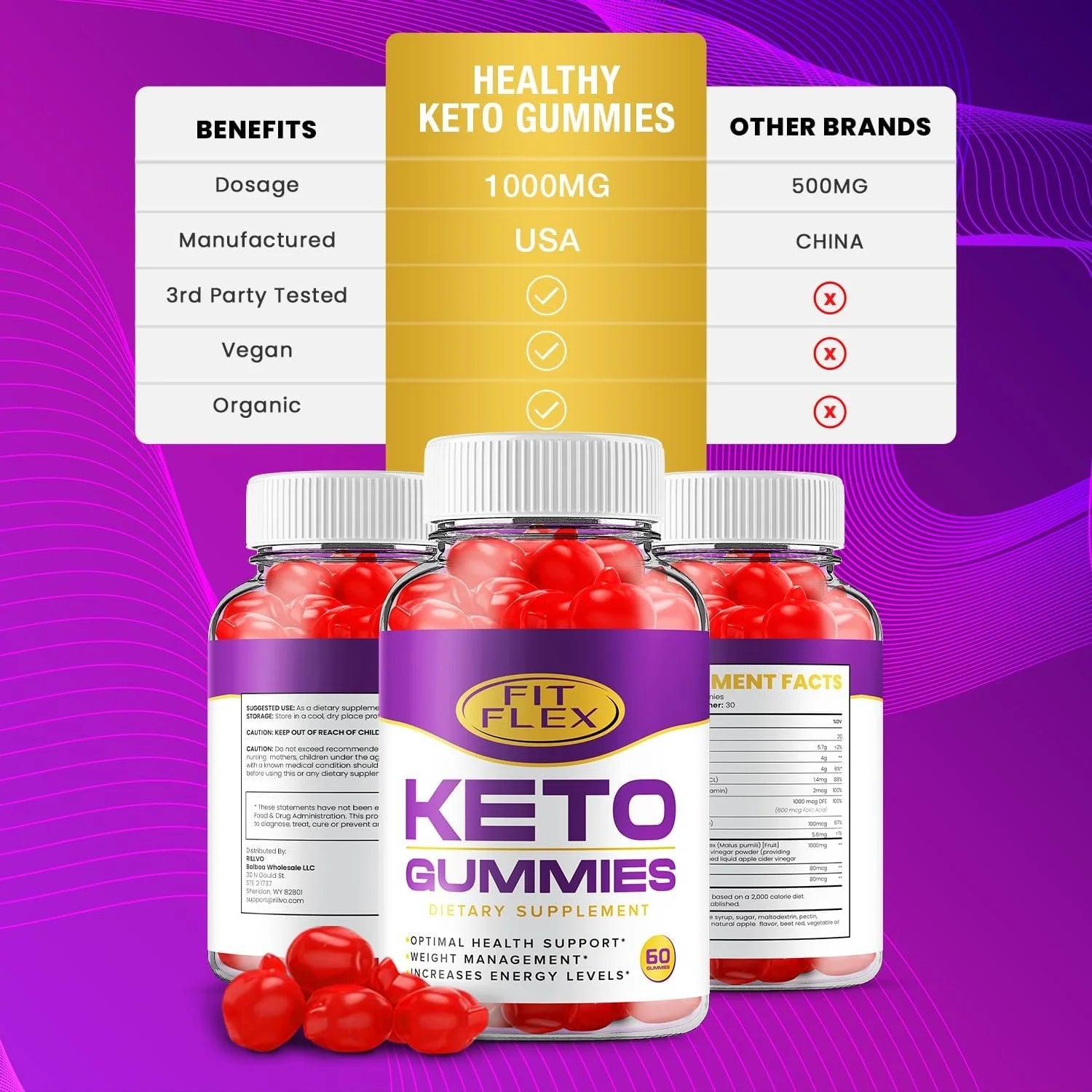 Fit Flex Keto ACV Gummies 5 Pack - Apple Cider Vinegar Dietary Supplement with B12 Beet Root E46373