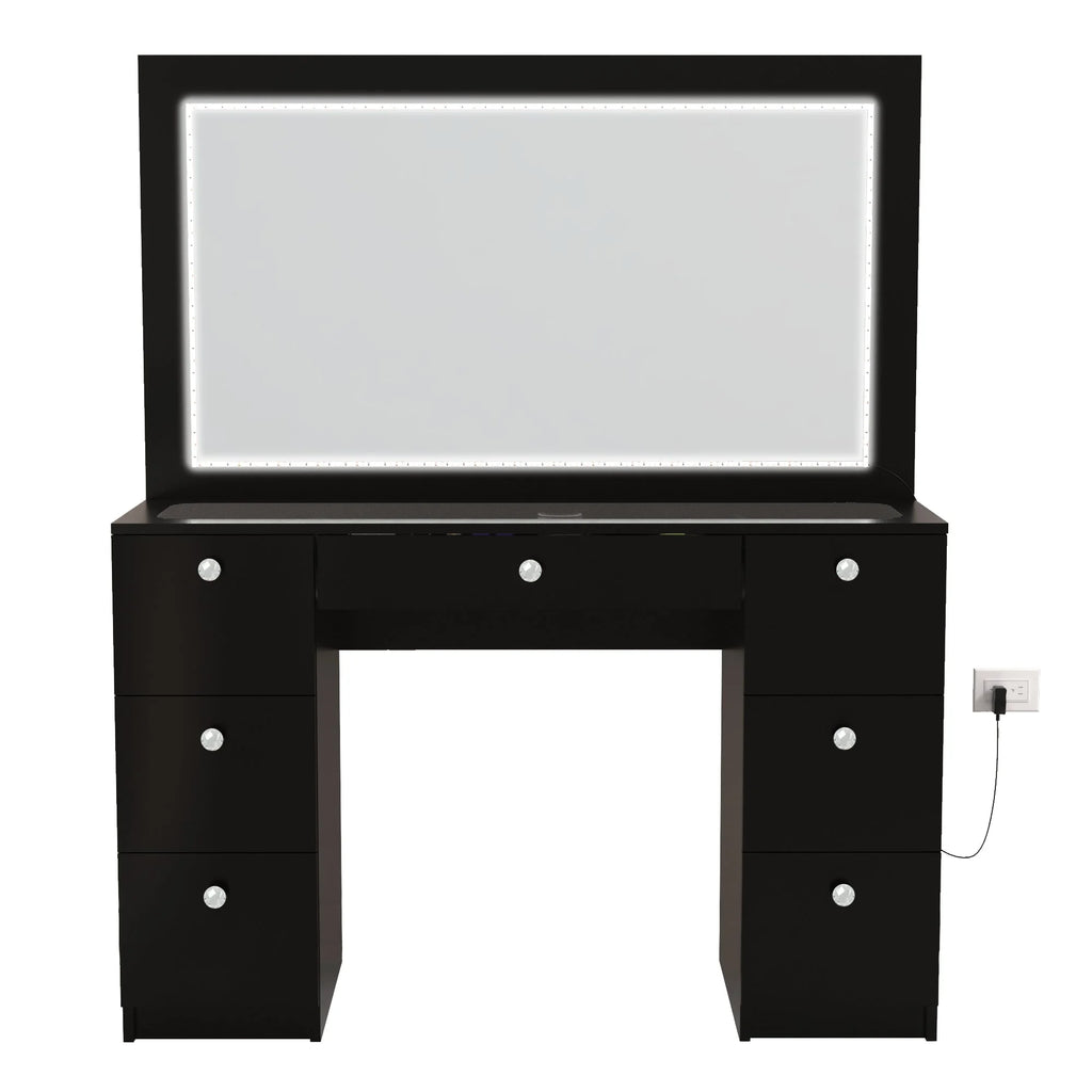 Boahaus Seraphine Modern Black Vanity Desk with LED Lights and Mirror I41173