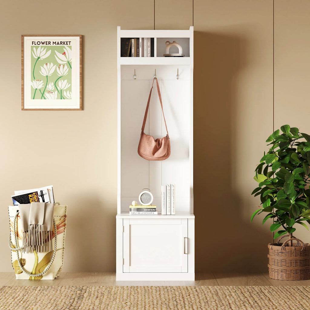 CoSoTower Minimalist Hall Tree with Cabinet & 6 Hanging Hooks, White N614324