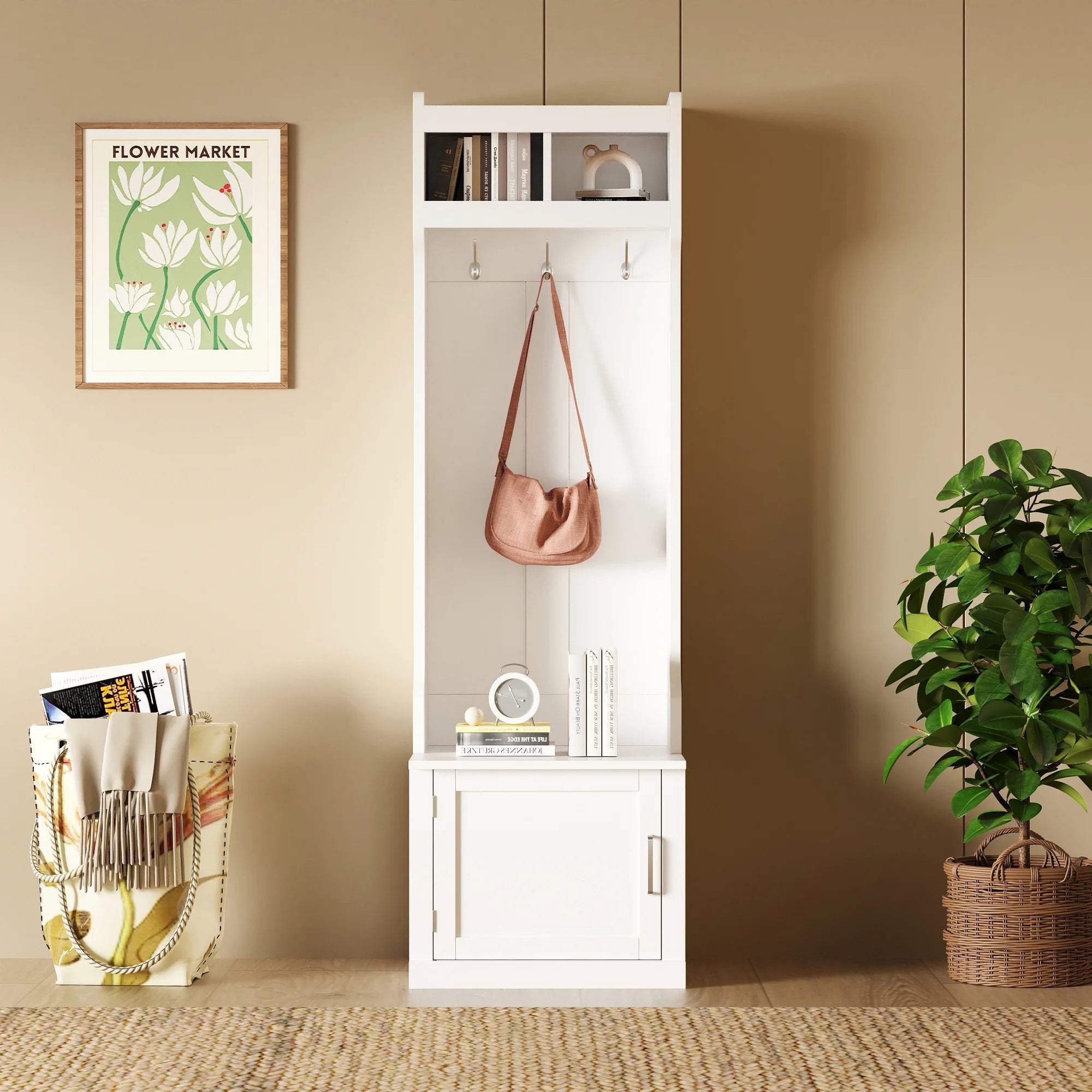 CoSoTower Minimalist Hall Tree with Cabinet & 6 Hanging Hooks, White N614324