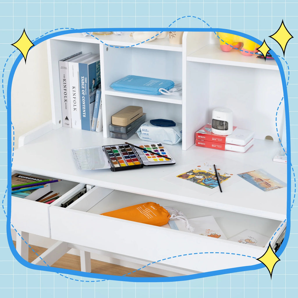 Kids Desk and Chair Set with Drawers, White Wooden Study Desk for Ages 5-12 F251