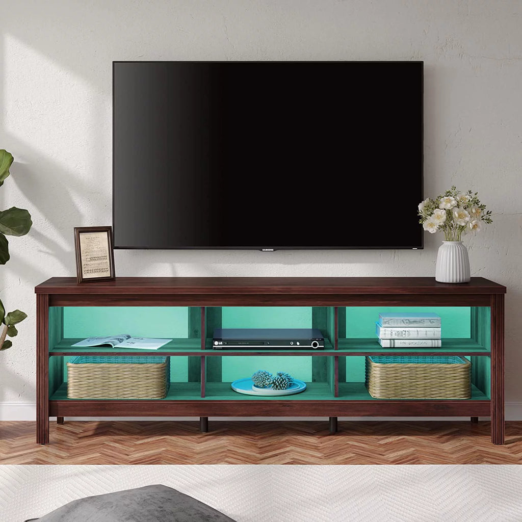 TV Stand for TVs up to 75 Inches  16 Color LED Entertainment Center for 80 inch TV Console Table with 6 Cubby  for Living Room Bedroom  70'' Brown