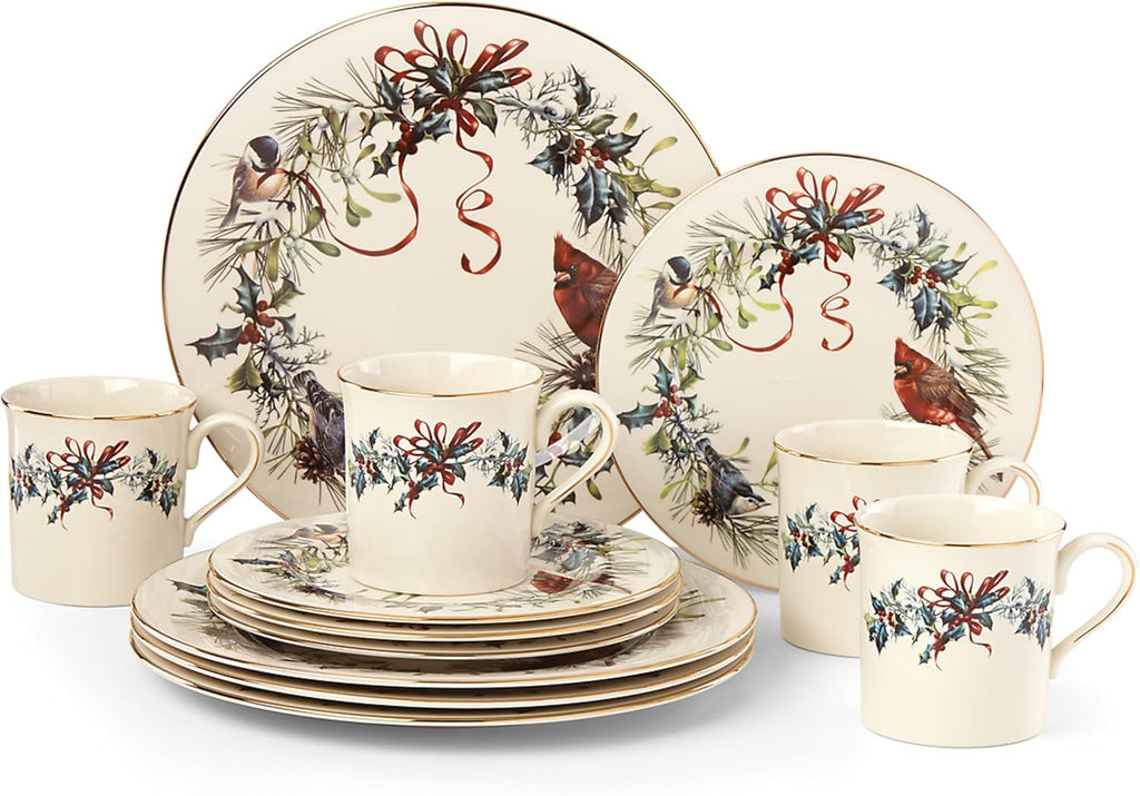 Lenox 6122055 Winter Greetings 12-Piece Dinnerware Set, red & green