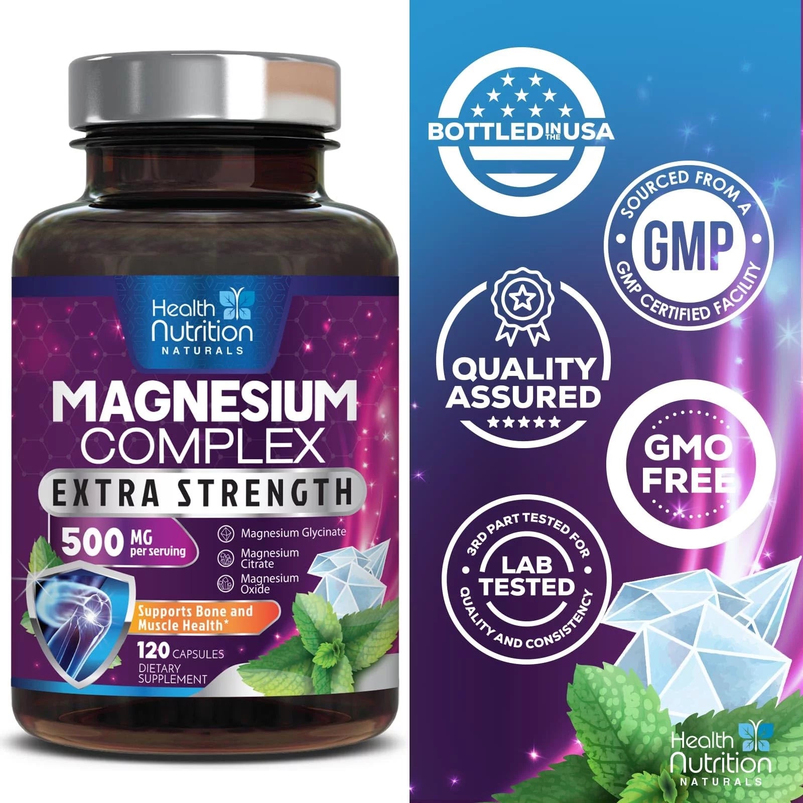 Magnesium Complex 500mg Capsules with Glycinate, Citrate, Malate - Non-GMO, 120 Count G37220