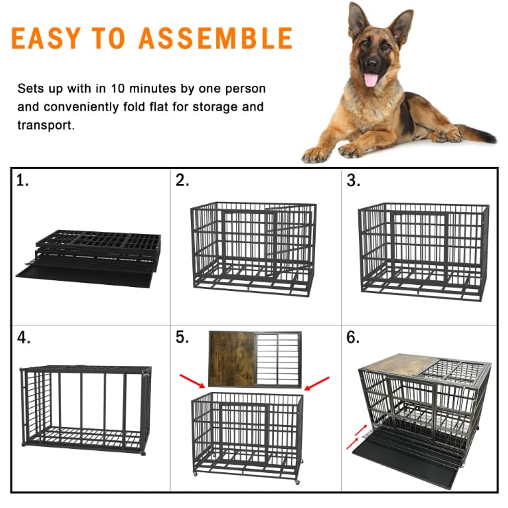 Heavy Duty Dog Crate Cage with Woodtop, Double Door and Tray, Extra Large D341820