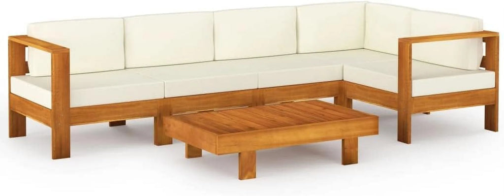 6 Piece Patio Lounge Set with Cream White Cushions Acacia Wood Outdoor Table U381