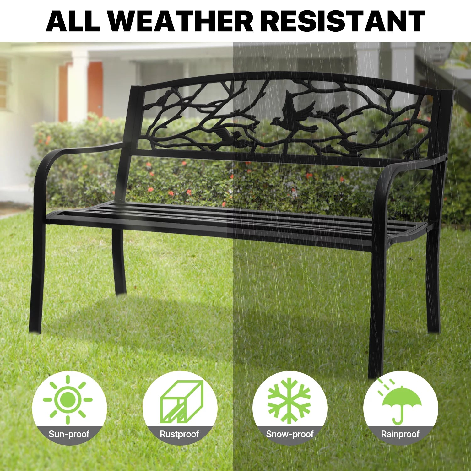 Magshion 50" Outdoor Cast Iron Patio Bench with Bird Design Backrest S46453