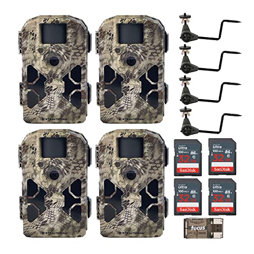 Stealth Cam 2022 G42NG 32MP Trail Camera (4-Pack) with Tree Mounts, No-Glow Flash, 100-Ft. IR Range, Kryptek Camo Bundle with Holder, 32GB Card, and Card Reader (13 Items)