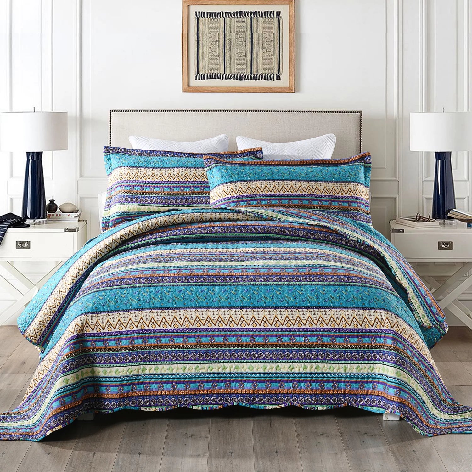 MarCielo 3 Piece Bohemian Lightweight Quilt Set Rustic Lodge Cabin Quilt Quilted Bedspread Printed Quilt Bedding Throw Blanket Coverlet Lightweight Bedspread King Size BY011