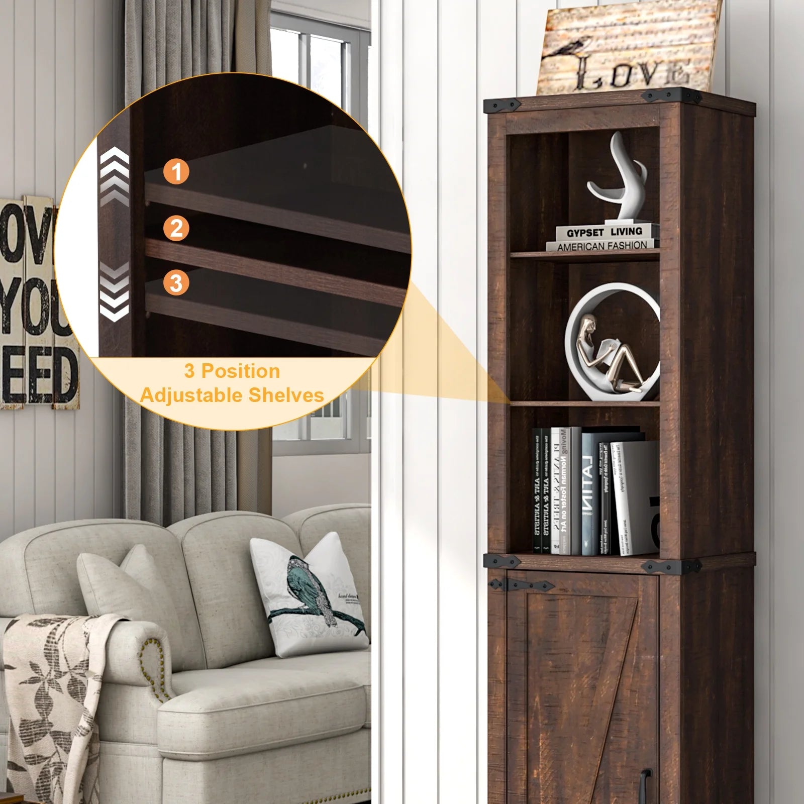 ChVans Farmhouse Storage Cabinet, 5-Shelf Tall Bathroom Organizer with Barn Door, Brown W446800