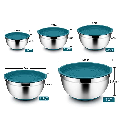 TeamFar Mixing Bowls with Lids Set, Stainless Steel, 5-Piece (Black) I8780