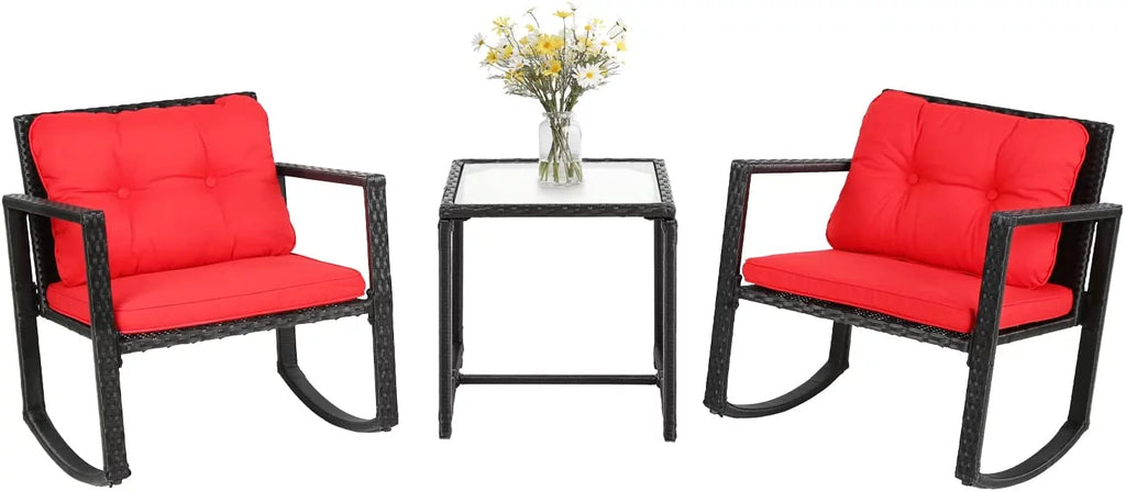 FDW 3 Piece Wicker Outdoor Rocking Bistro Set with Cushions and Glass Table O22580