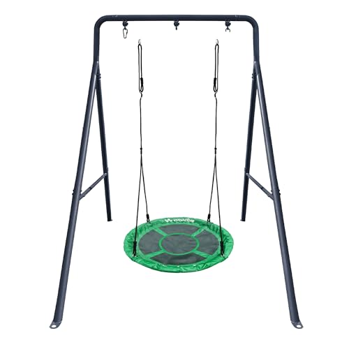 6.7’ x 8.4’ Single Swing Set Frame + 39” Round Platform Tree Swing – UV-Treated Saucer Swing Seat & Modular Metal Frame Playground Set